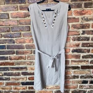 Tahari Brown Linen Blend Beaded Embellished Sleeveless Dress Women's Size 14